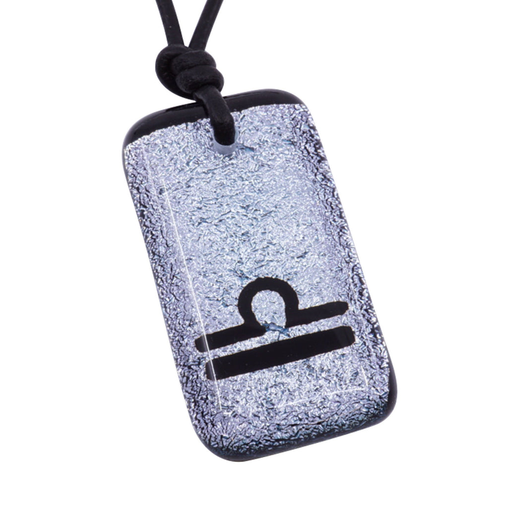 Libra zodiac necklace, rectangle silver dichroic glass pendant