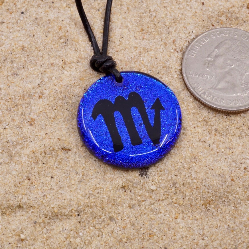Scorpio zodiac necklace, round blue dichroic glass pendant