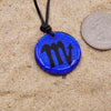 Scorpio zodiac necklace, round blue dichroic glass pendant