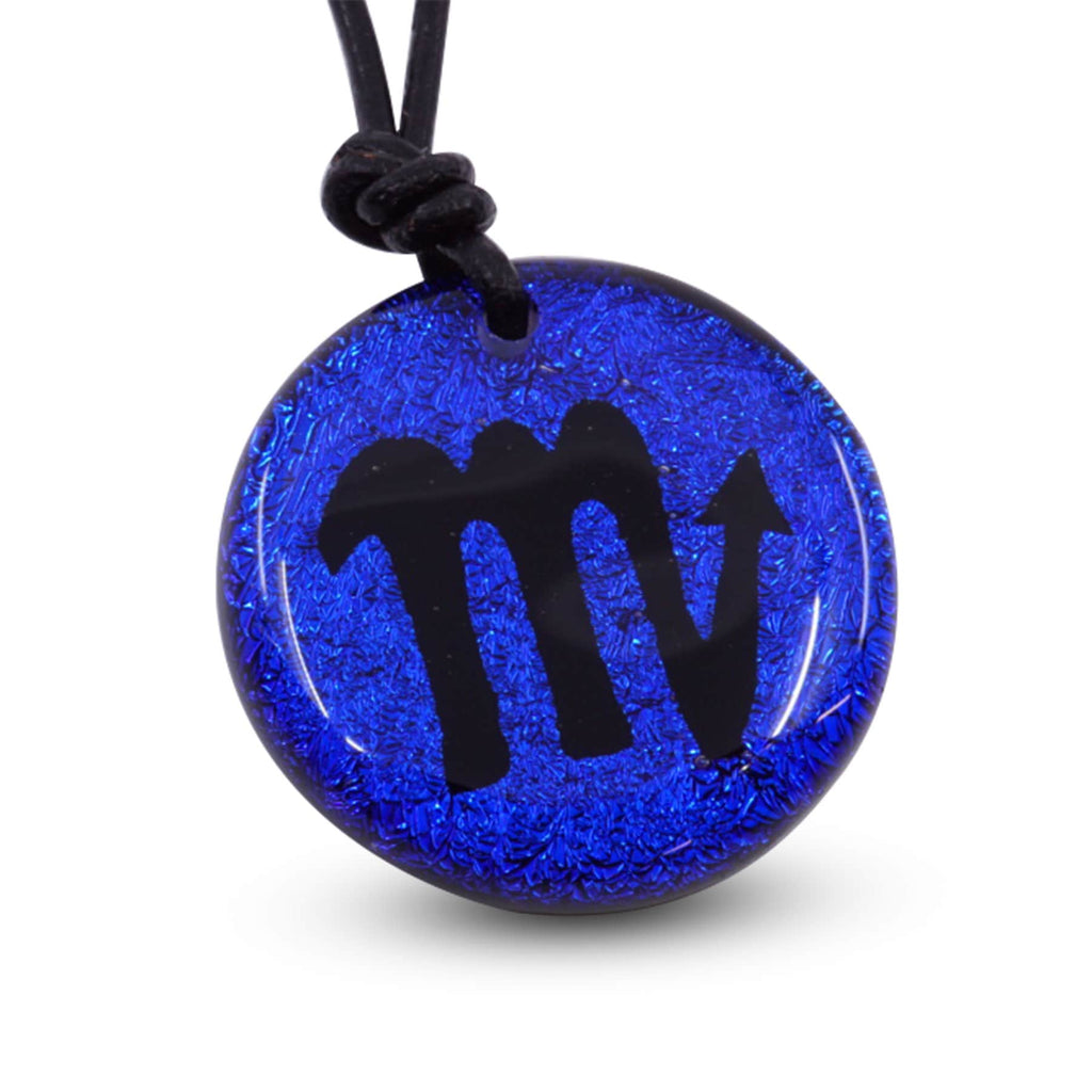 Scorpio zodiac necklace, round blue dichroic glass pendant