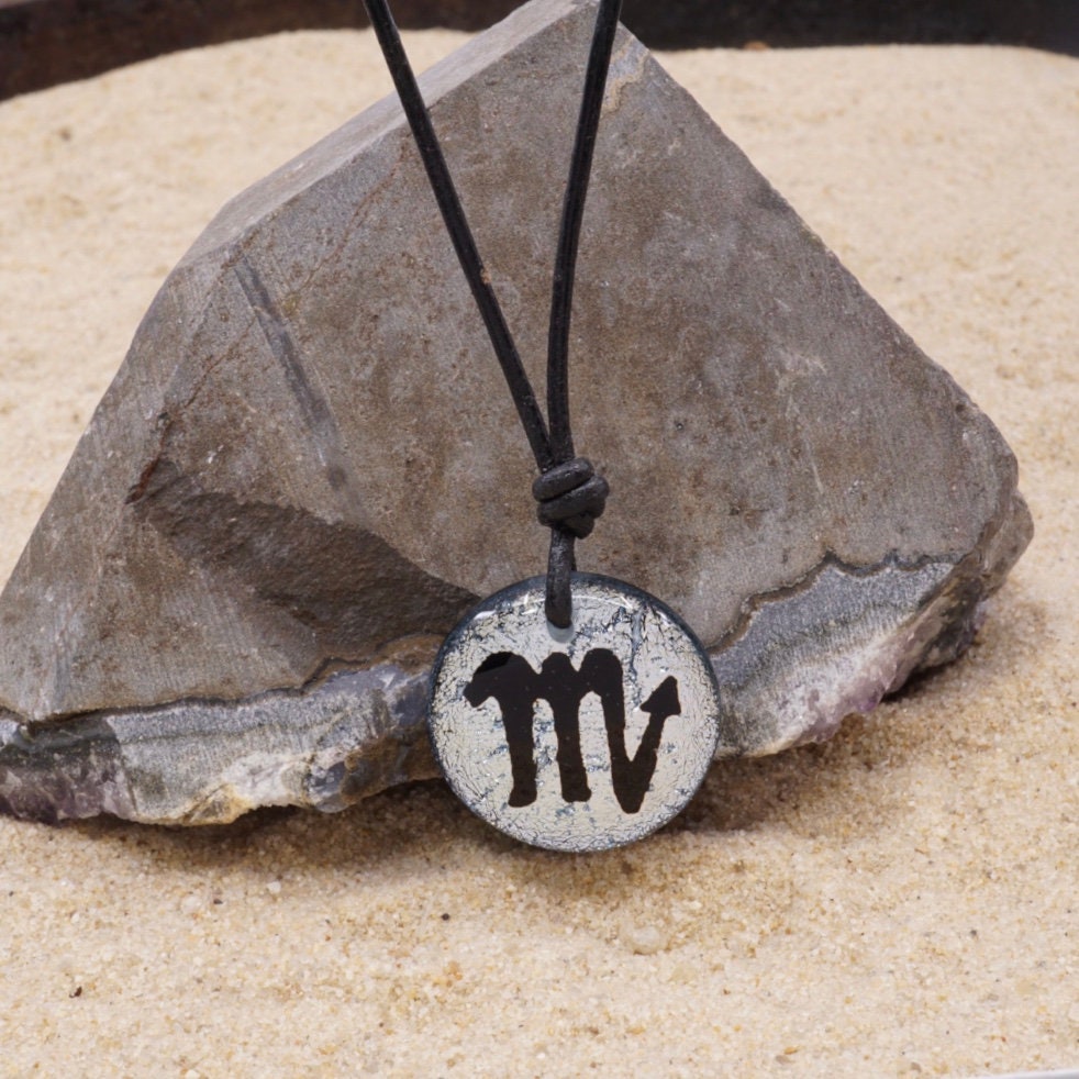 Scorpio zodiac necklace, round silver dichroic glass pendant