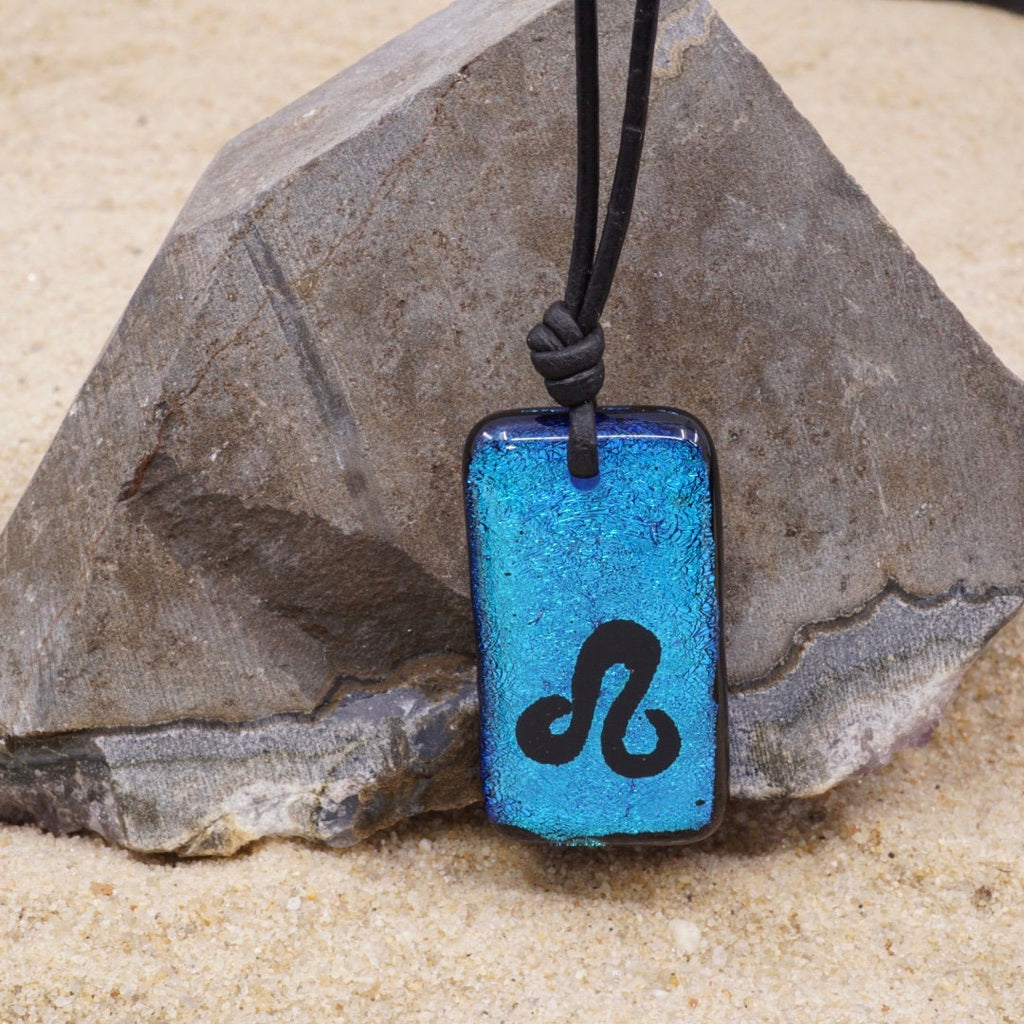Leo zodiac necklace, rectangle turquoise dichroic glass pendant