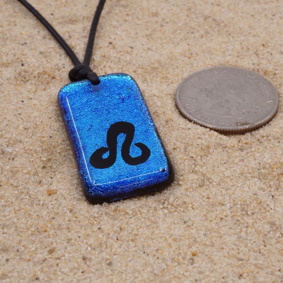 Leo zodiac necklace, rectangle turquoise dichroic glass pendant