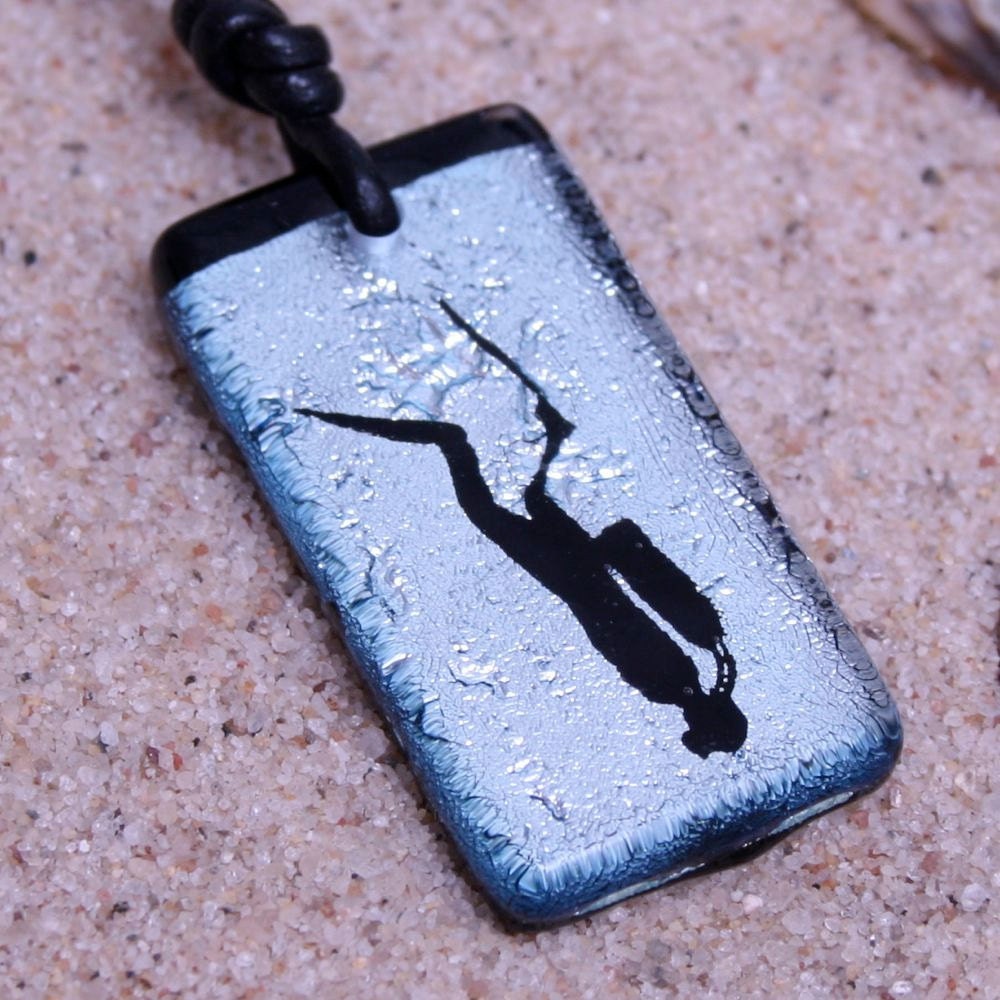 Scuba diver rectangle dichroic glass pendant