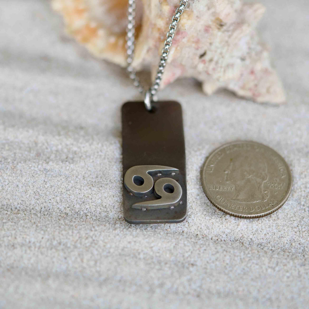 Cancer zodiac necklace, rustic waterproof stainless steel pendant