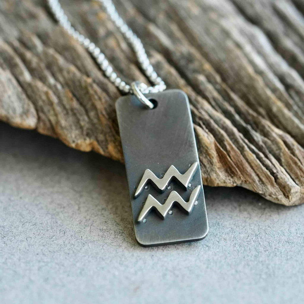 Aquarius zodiac necklace, rustic waterproof stainless steel pendant