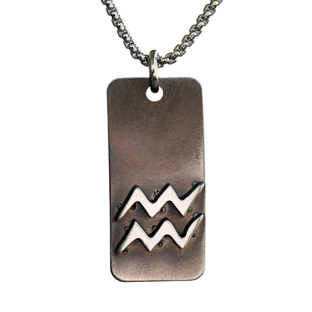 Aquarius zodiac necklace, rustic waterproof stainless steel pendant