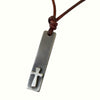 Cross bar necklace for men, dark gunmetal stainless steel bar with a raised brushed silver cross on a brown leather cord, on a white background