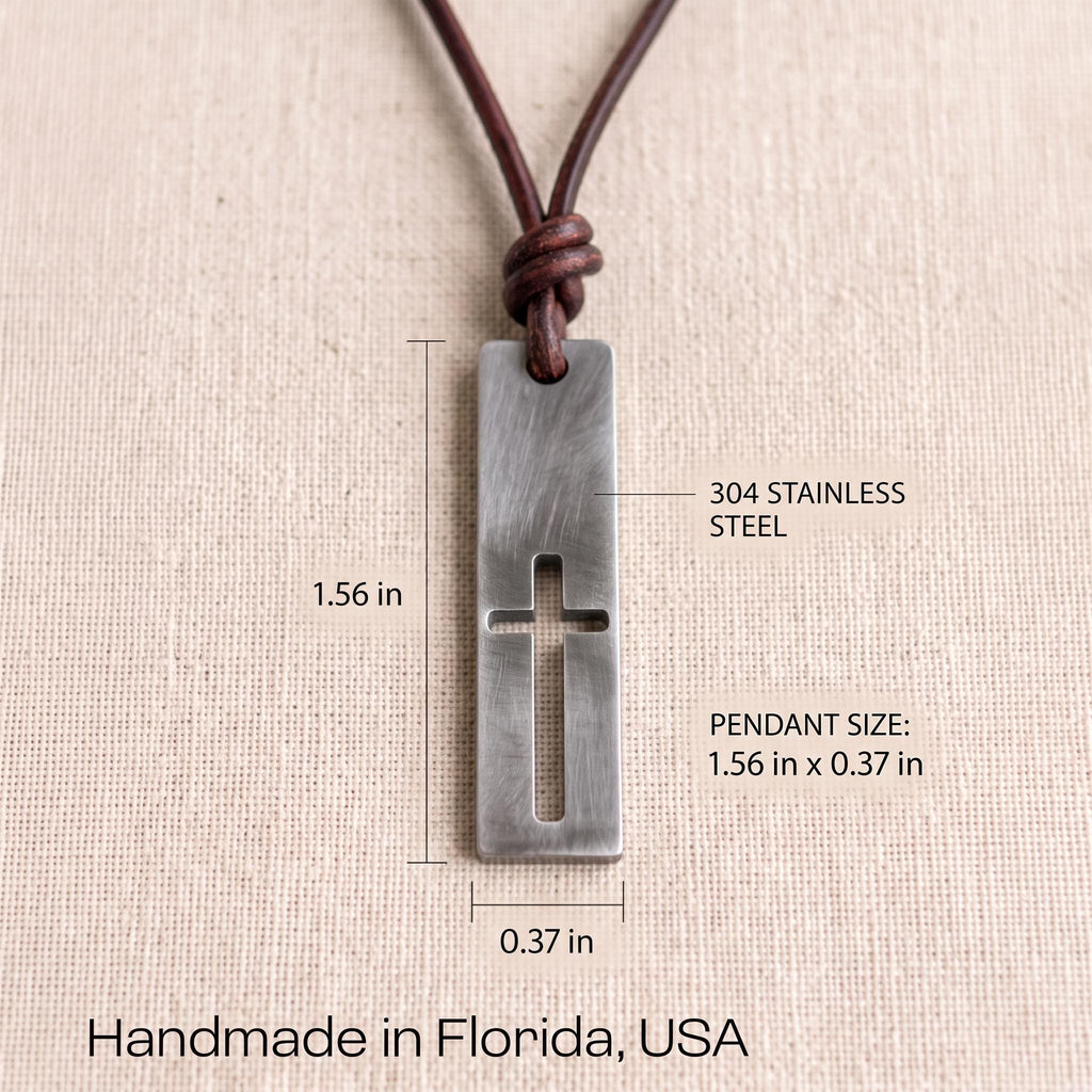 Size guide for the mens cutout cross bar necklace, 304 stainless steel pendant 1.56 in tall by 0.37 in wide, handmade in Florida