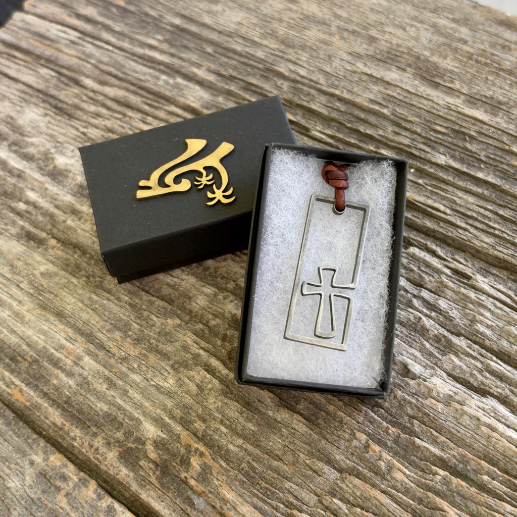 Men's cross necklace in the black Zulasurfing gift box, stainless steel surfer cross on leather cord, a ready-to-give Christian gift for him