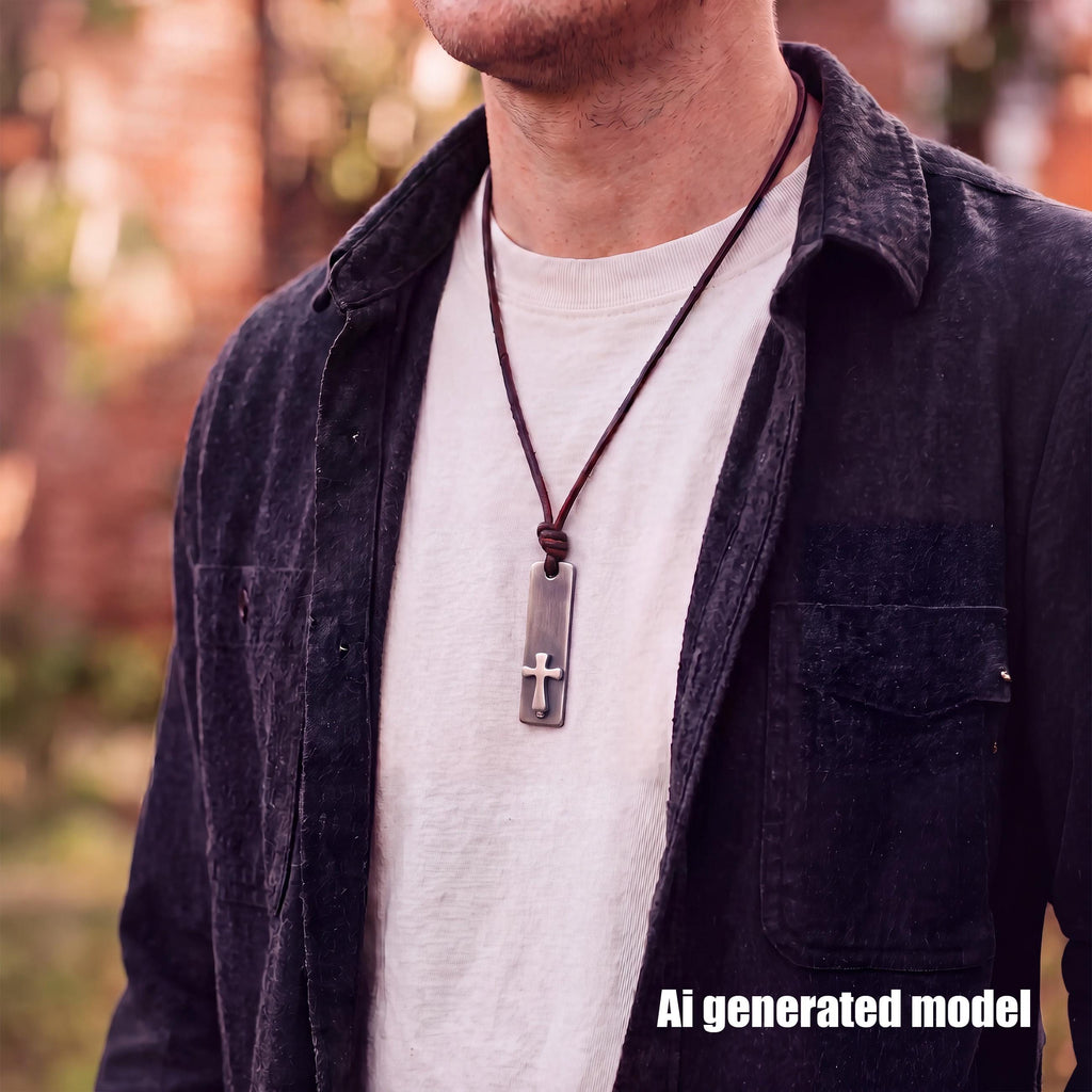 Cross bar necklace for men worn with a white tee and dark overshirt, waterproof stainless steel surfer cross on leather cord