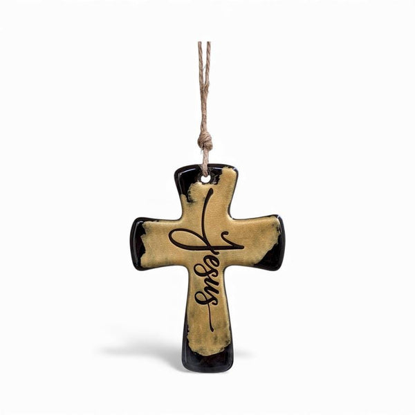 Glass cross ornament with Jesus name in gold