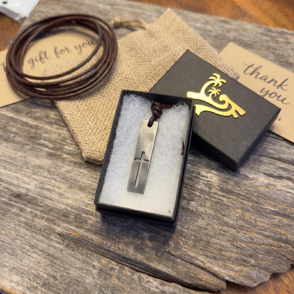 Mens cross bar necklace in the black Zulasurfing gift box with a burlap pouch and thank-you card, a faith gift for him