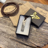 Mens cross bar necklace in the black Zulasurfing gift box with a burlap pouch and thank-you card, a faith gift for him