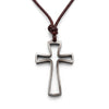 Mens cross necklace, open outline stainless steel cross pendant on a brown leather cord with a sliding knot, on a white background