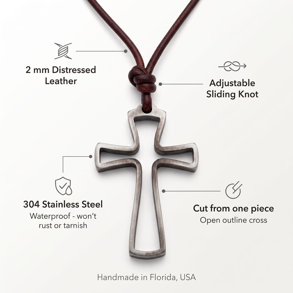Features of the mens open cross necklace: 2 mm distressed leather cord, adjustable sliding knot, waterproof 304 stainless steel cut from one piece