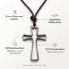 Features of the mens open cross necklace: 2 mm distressed leather cord, adjustable sliding knot, waterproof 304 stainless steel cut from one piece