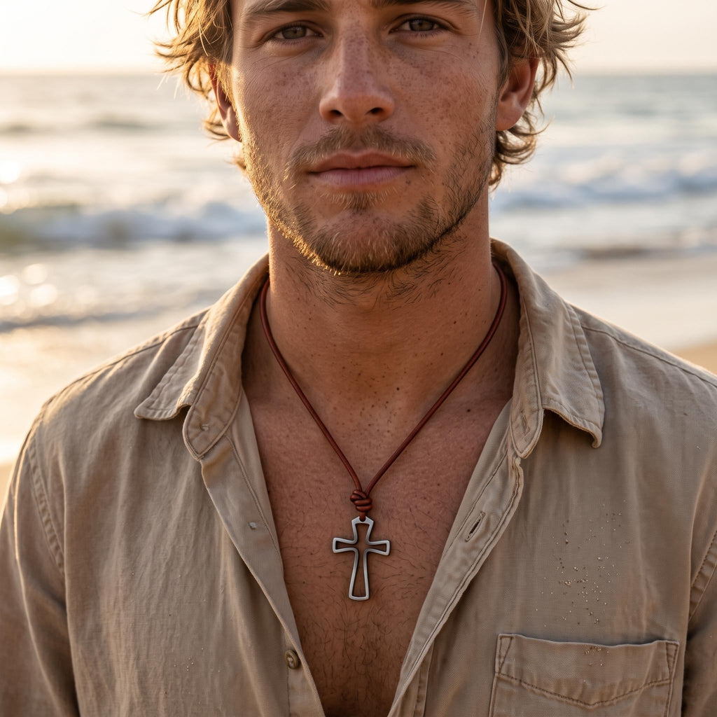 Man on the beach wearing an open stainless steel cross necklace on a brown leather cord, a rustic surfer cross for men