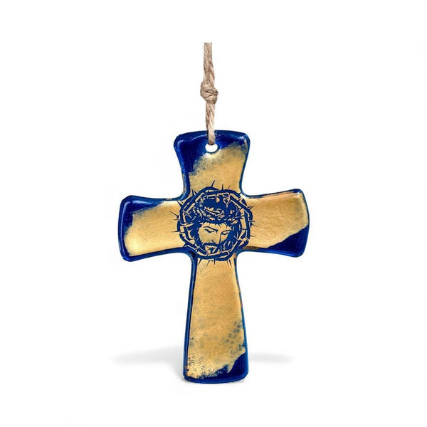 Blue glass cross ornament with Jesus crown of thorns