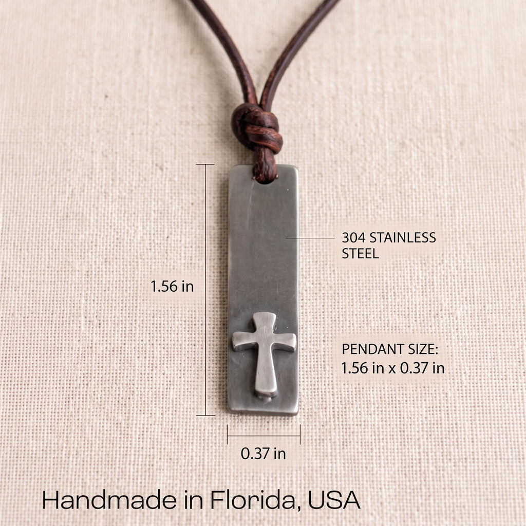 Size guide for the mens cross bar necklace, 304 stainless steel pendant 1.56 in tall by 0.37 in wide, handmade in Florida