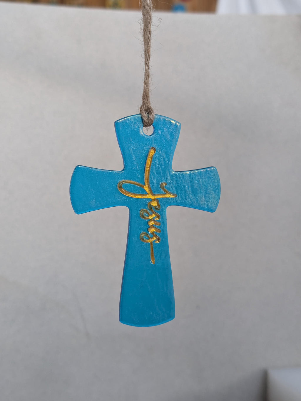 Christian gift glass cross ornament with Jesus name, handmade in USA