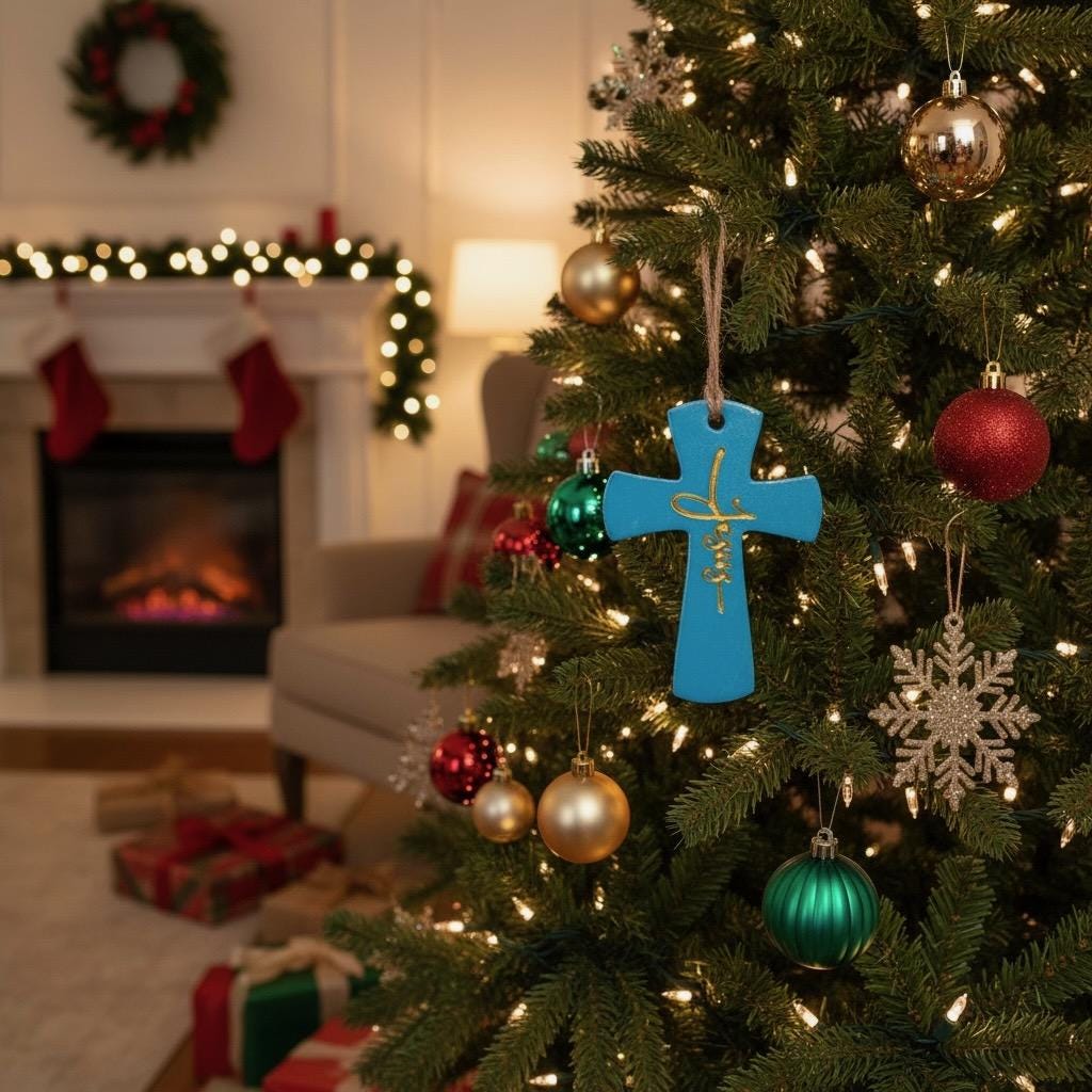 Turquoise Jesus cross ornament hanging on a Christmas tree