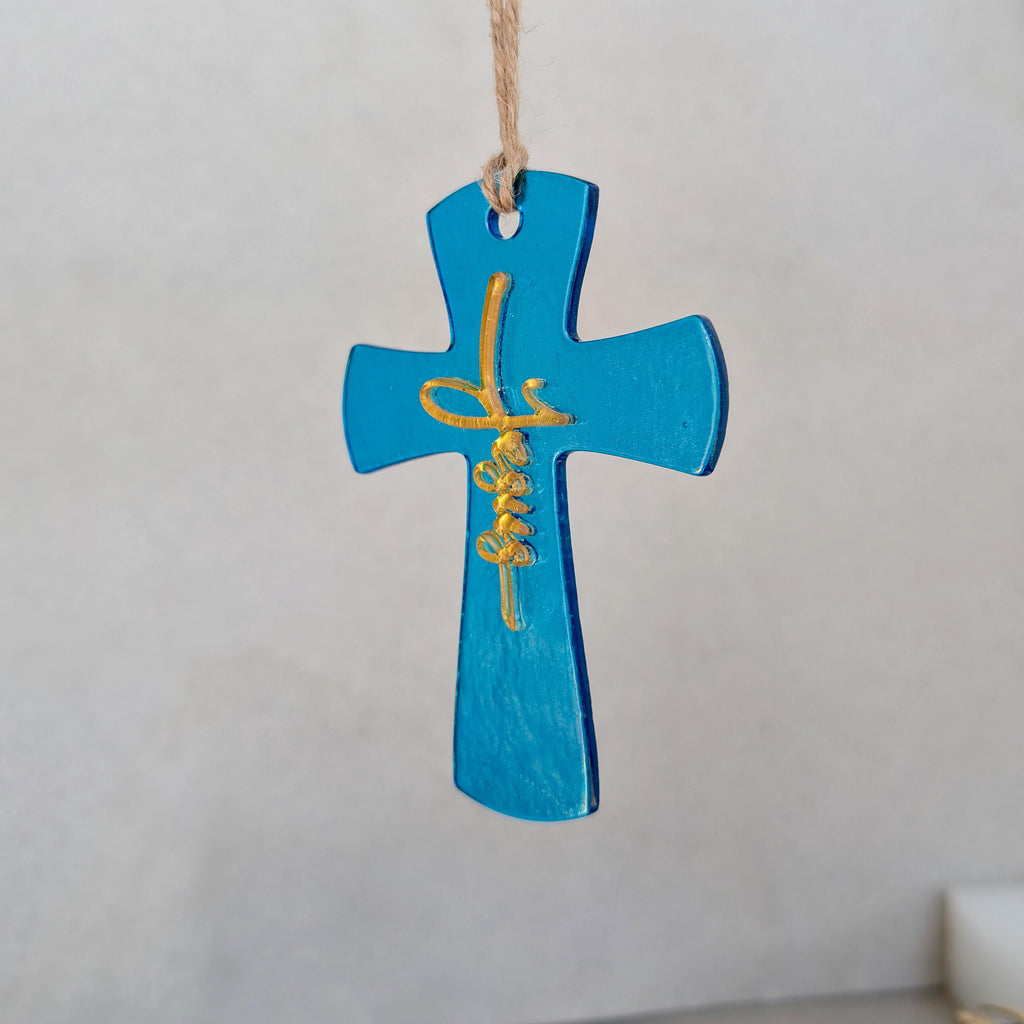 Fused glass cross suncatcher in turquoise with gold Jesus name on jute cord