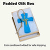 Turquoise glass cross ornament in padded gift box