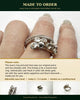 14k white gold octopus tentacle ring worn on hand, close-up of white sapphires and black diamond