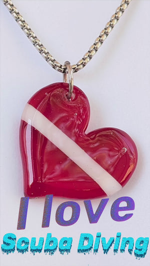 Scuba Diving Mothers Day Gift Necklace Down Flag Heart shape Pendant Fused Glass