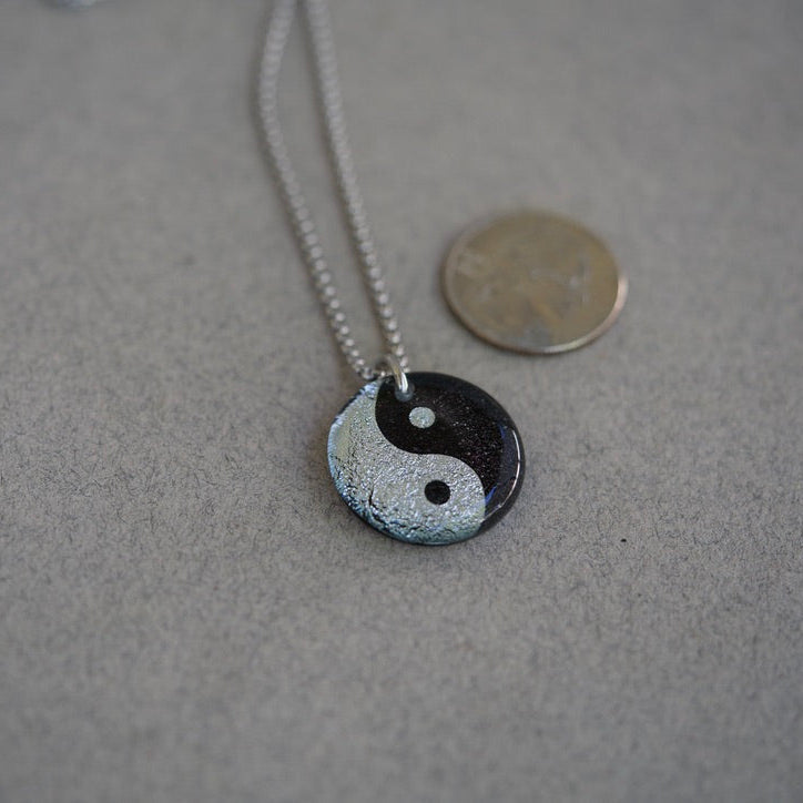 yin yand fused silver color dichroic glass on black base
