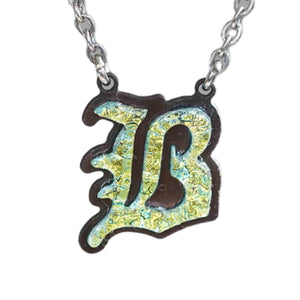 B Initial letter Necklace Old English Font Gold color Fused Dichroic Glass on Stainless Steel base