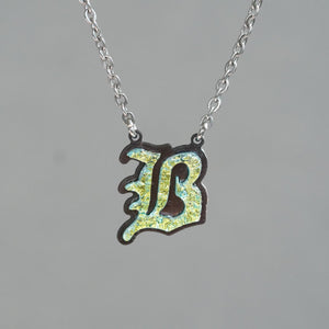 B Initial letter Necklace Old English Font Gold color Fused Dichroic Glass on Stainless Steel base