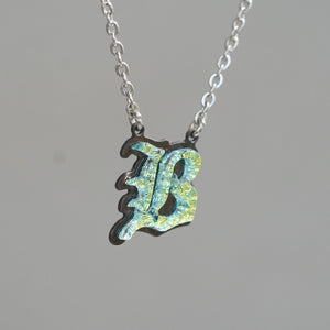 B Initial letter Necklace Old English Font Gold color Fused Dichroic Glass on Stainless Steel base