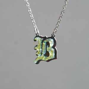 B Initial letter Necklace Old English Font Gold color Fused Dichroic Glass on Stainless Steel base