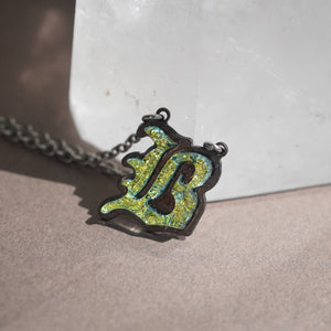 B Initial letter Necklace Old English Font Gold color Fused Dichroic Glass on Stainless Steel base
