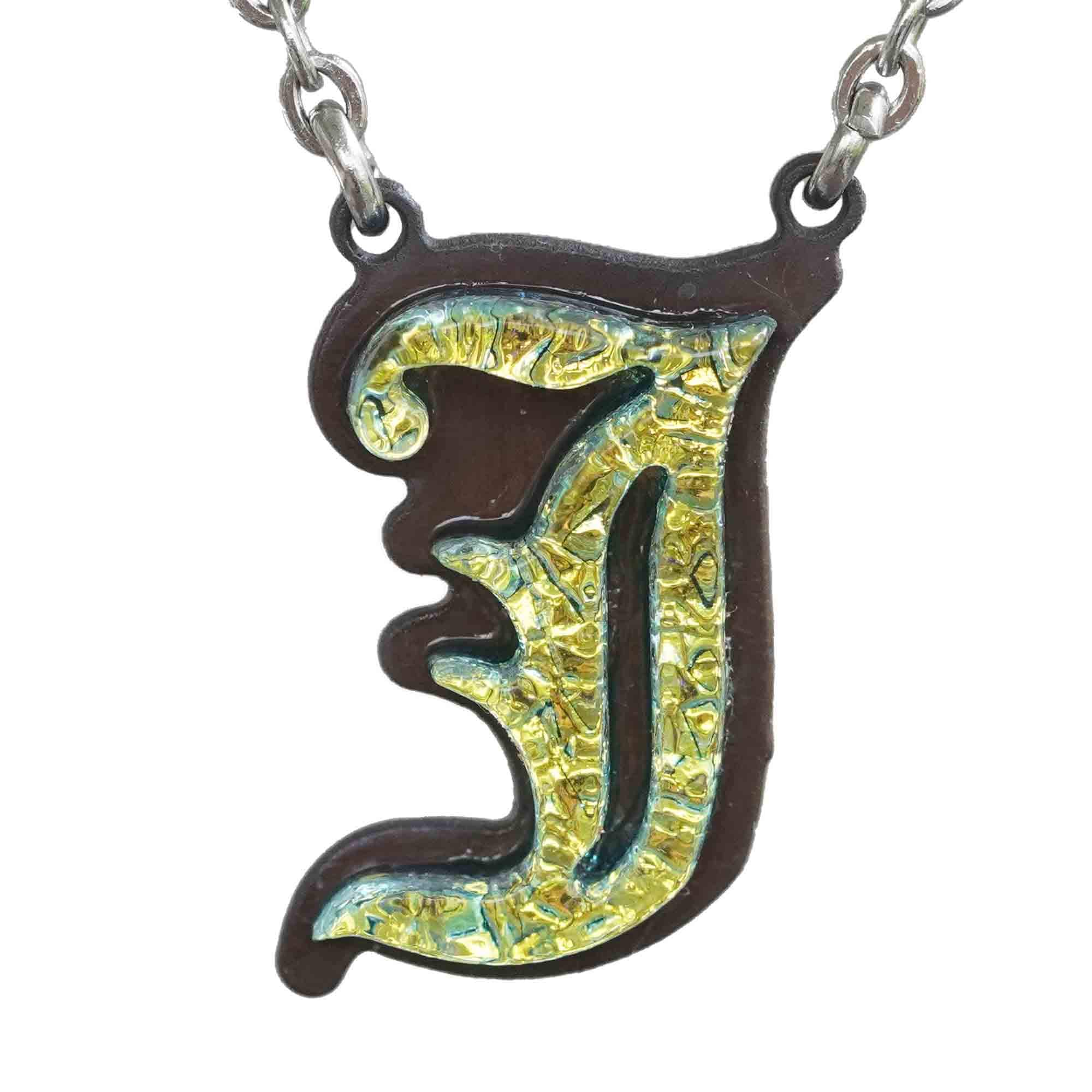 Initial letter Necklace J Old English Font Gold color Fused Dichroic Glass on a Stainless Steel base