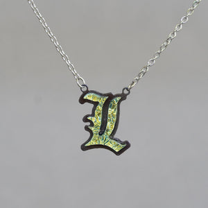 Initial letter Necklace L Old English Font Gold color Fused Dichroic Glass on a Stainless Steel base