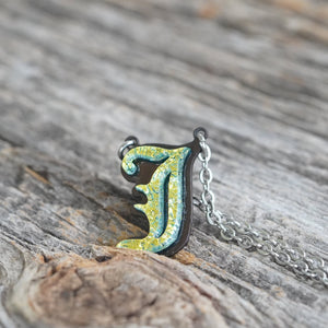 Initial letter Necklace J Old English Font Gold color Fused Dichroic Glass on a Stainless Steel base