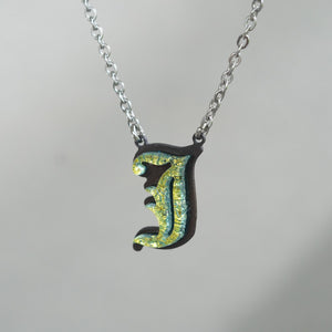 Initial letter Necklace J Old English Font Gold color Fused Dichroic Glass on a Stainless Steel base