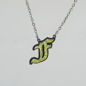 F Initial letter Necklace Old English Font Gold color Fused Dichroic Glass on Stainless Steel base