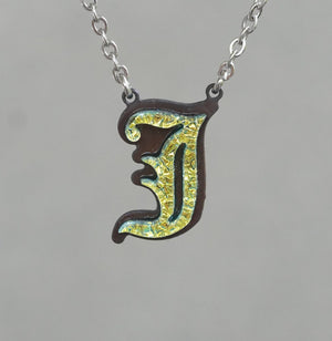 Initial letter Necklace J Old English Font Gold color Fused Dichroic Glass on a Stainless Steel base