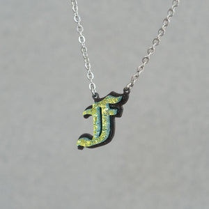 F Initial letter Necklace Old English Font Gold color Fused Dichroic Glass on Stainless Steel base