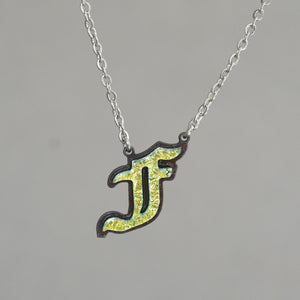 F Initial letter Necklace Old English Font Gold color Fused Dichroic Glass on Stainless Steel base