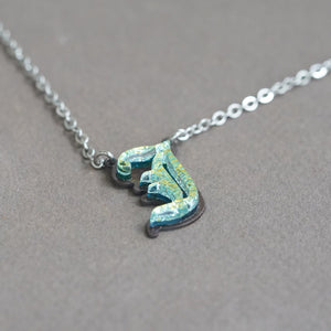 Initial letter Necklace J Old English Font Gold color Fused Dichroic Glass on a Stainless Steel base