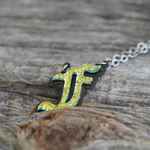 F Initial letter Necklace Old English Font Gold color Fused Dichroic Glass on Stainless Steel base