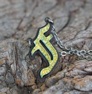 F Initial letter Necklace Old English Font Gold color Fused Dichroic Glass on Stainless Steel base