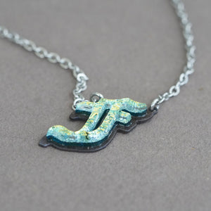 F Initial letter Necklace Old English Font Gold color Fused Dichroic Glass on Stainless Steel base