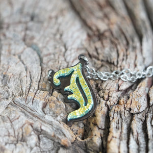 Initial letter Necklace J Old English Font Gold color Fused Dichroic Glass on a Stainless Steel base