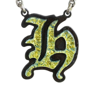 Initial letter Necklace H Old English Font Gold color Fused Dichroic Glass on a Stainless Steel base